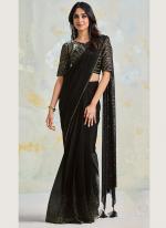 Sattin Silk Crepe Black Wedding Wear Sequins Work Ready To Wear Saree